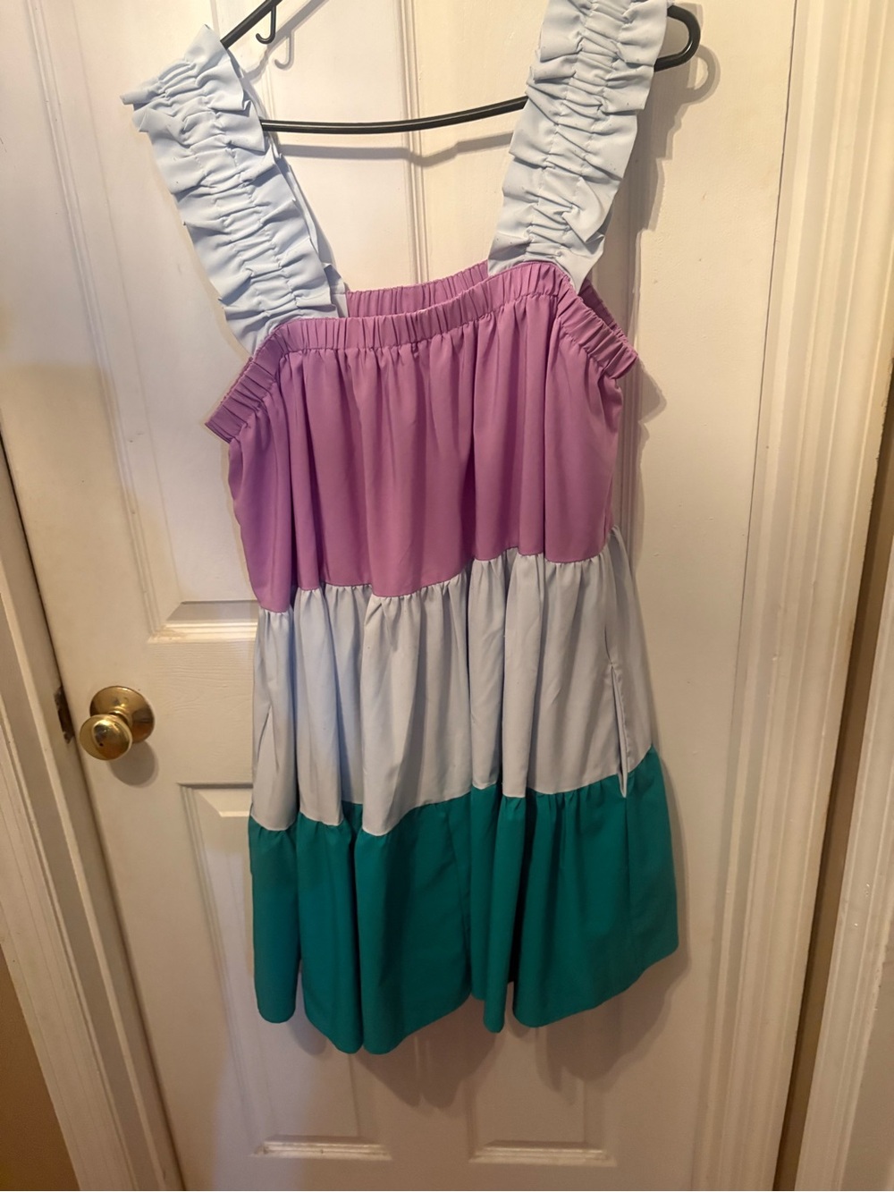 entro Color-Block Tiered Ruffle Strap Dress — Lavender, Light Blue & Teal